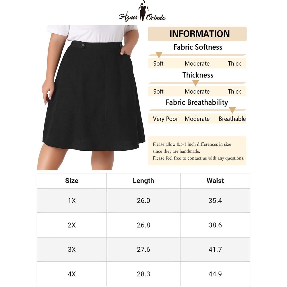 2367 Plus Size Corduroy Skirt Elastic High A Line with Pockets Midi Skirts - Picture 6 of 6